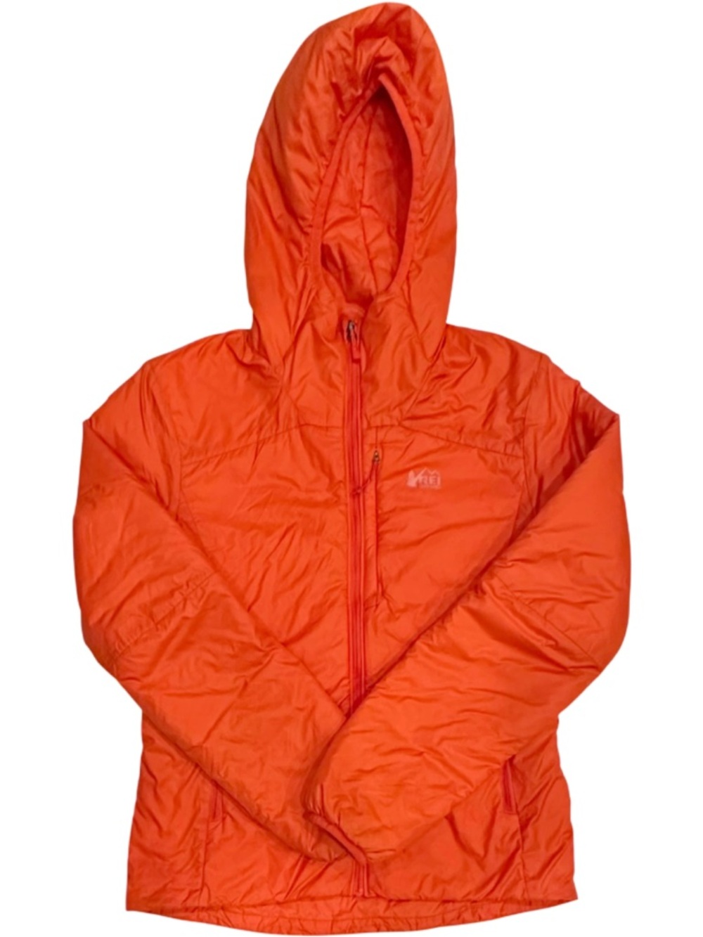 REI Co-Op Women’s Primaloft Insulated Jacket Orange Hooded Lightweight Packable